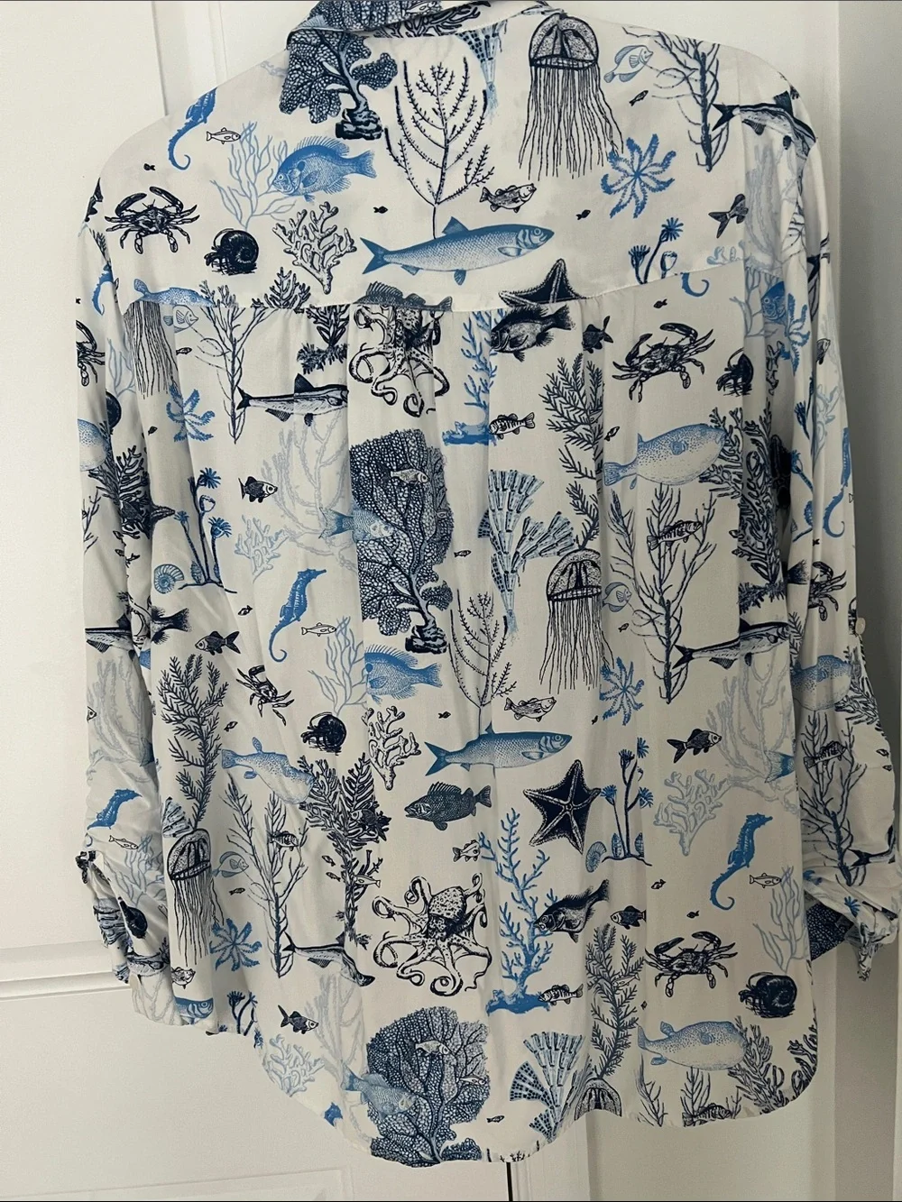 Jane and Delancey White Button-Down Rayon Shirt with Blue Sea-life/Marine Print - Picture 4 of 5